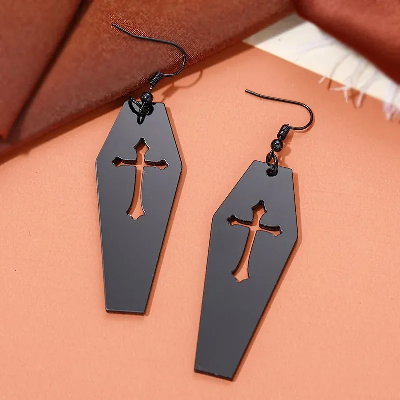 Gothic Death Cross Cutout Vampire Coffin Earrings for Women 2024 New Goth Punk Black Color Jewelry Y2k Accessories Party Gifts