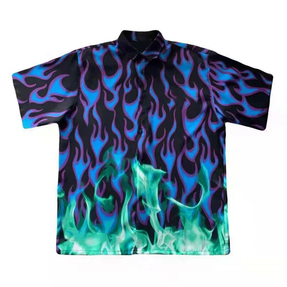 Instagram street fashion brand Yamamoto dark wind flame full print plankton handsome loose oversize short-sleeved shirt man