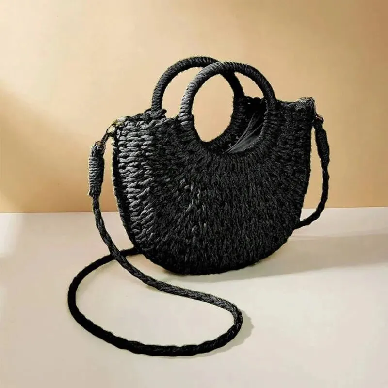 Handgeweven stro rotan half-maan strand handtas grote capaciteit dames zomer holle uit crossbody schoudertas
