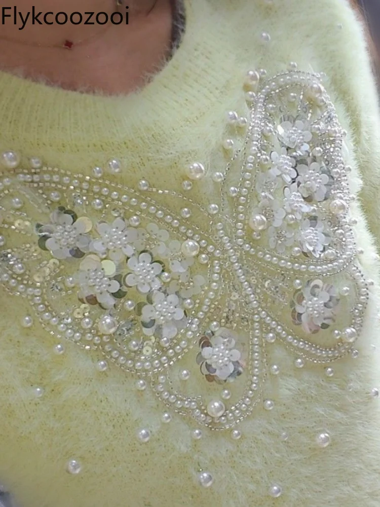 Hand-beaded Pearl Three-dimensional Large Bow Fringe Fluffy Sweater Korean Fashion LOOSE FIT Свитер Женский Pullover