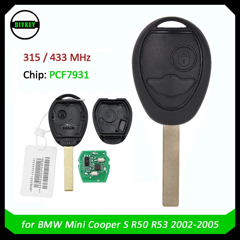 

DIYKEY 2 button Remote Key 315/433MHZ ID73 Chip For Bmw Mini Cooper S R50 R53 ONE Full 7935 PCF7930/31AS