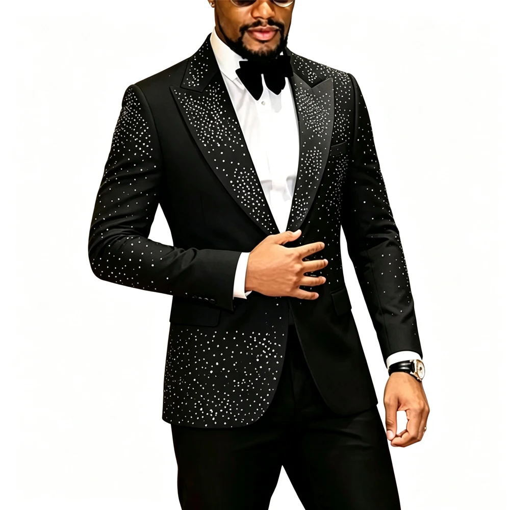 Men Sparkling Rhinestone Tuxedo Suit 3‑Pcs Set Blazer+Pants+Bow Tie Slim Fit Black Crystals Beading Wedding Groom Prom Party Stage Performance Formal Costume Homme