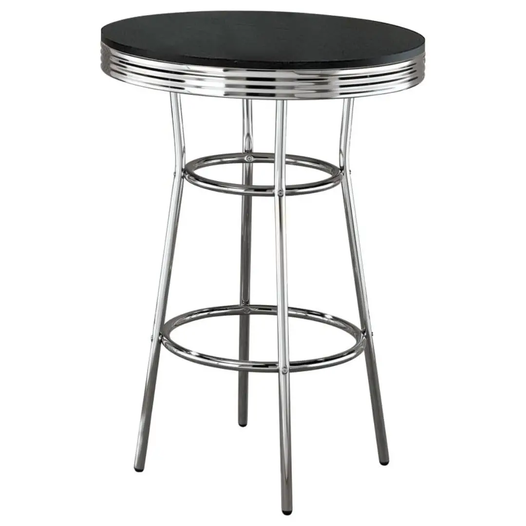 

Retro Round Bar Height Bistro Table, 30" Diameter, Black Top with Chrome Trim, Soda Fountain Style