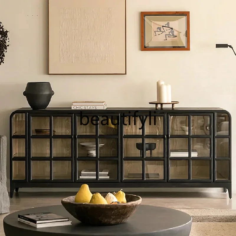 

Display, display cabinet retro solid wood dining edge, French wine cabinet glass door multi-functional storage, Nordic