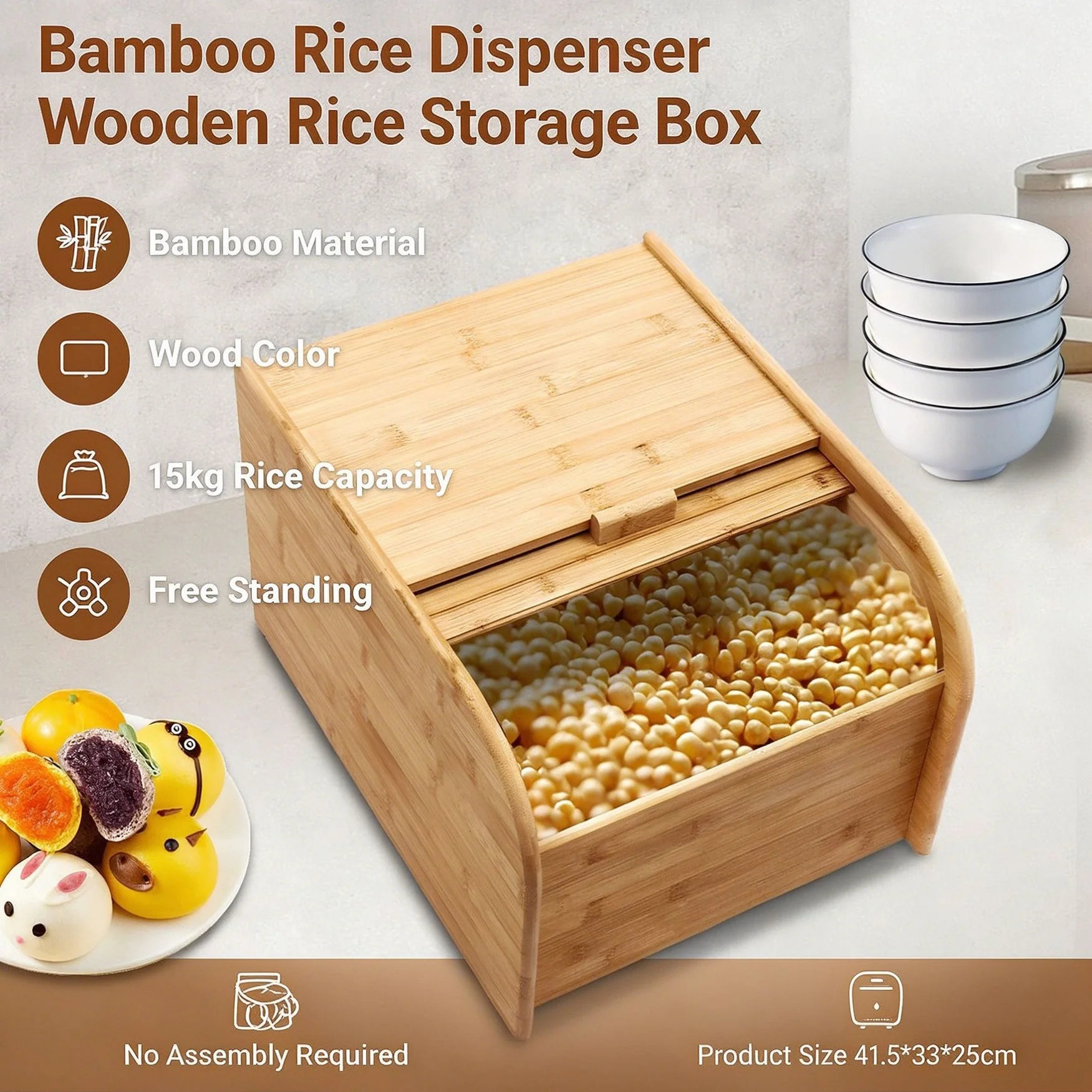 Wood Color Rice Storage Container,15kg Bamboo Food Container, Rice Container Box With Rice Cup