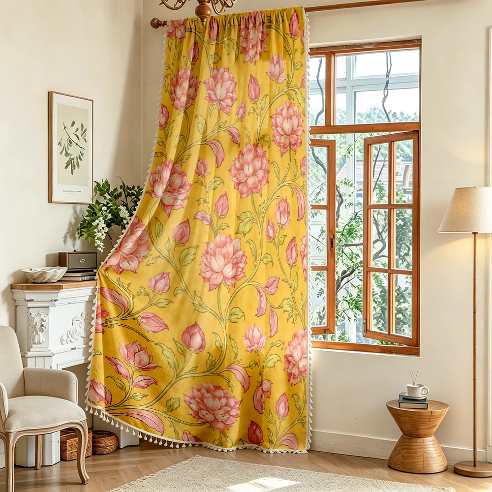 1PC Floral Tassel Sheer Curtains, Yellow Pink Lotus, Digital Print, Polyester, Bedroom Living Room, Rod Pocket, Home Decor