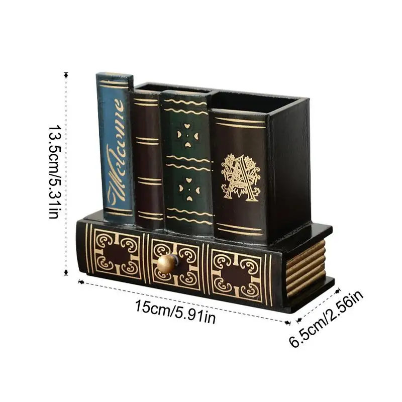 Book Pen Holder Pen Storage Cup Wood Library Book Shaped Pencil Holders Stand Decorative Organizer Caddy For Desk