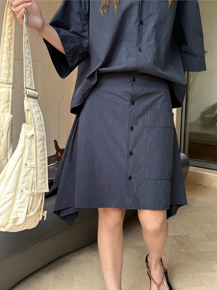 [EAM] Women Beige Irregular Pocket Big Size Elegant Shirt Dress New Lapel Short Sleeve Fashion Tide Spring Summer  2024 1DH6131