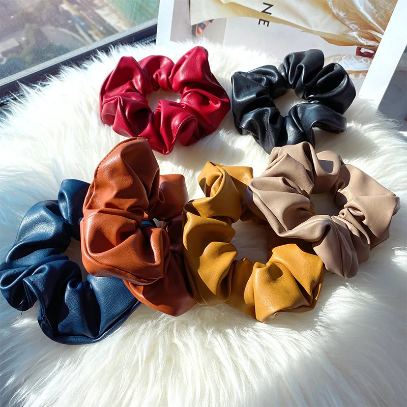 2022 New PU leather Solid Scrunchies Women Girls Headband Elastic Rubber Hair Bands Ponytail Holder Hair Ties Rope Accessories