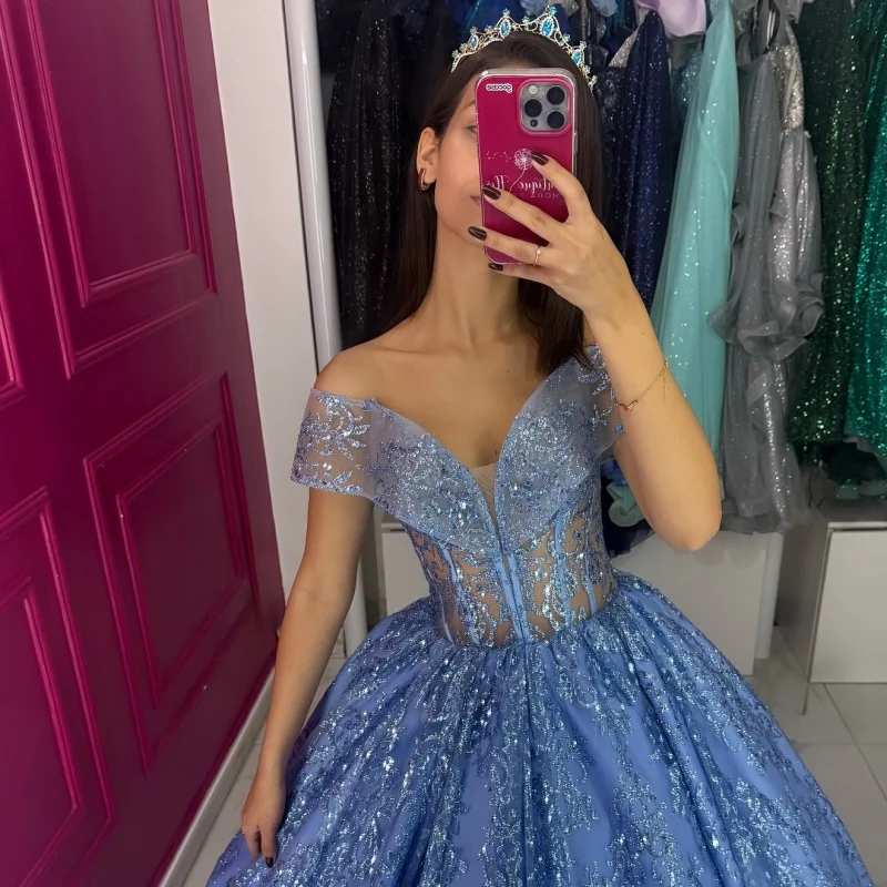 

Shiny blue Shoulder Quinceanera Dress Lace glitter decal crystal V-neck vestidos de 15 Quinceanera ﻿Customized