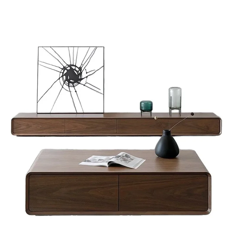 

All solid wood TV cabinet antique style Nordic style walnut color small apartment living room narrow integrated