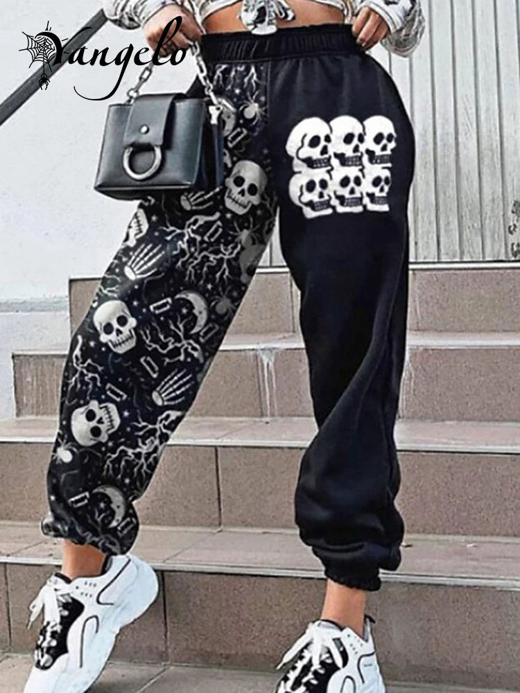 

Yangelo Punk Grunge Harun Pants Women Gothic Skull Printed Loose Sport Pants Y2K Bundle Foot Elastic Waist Pants