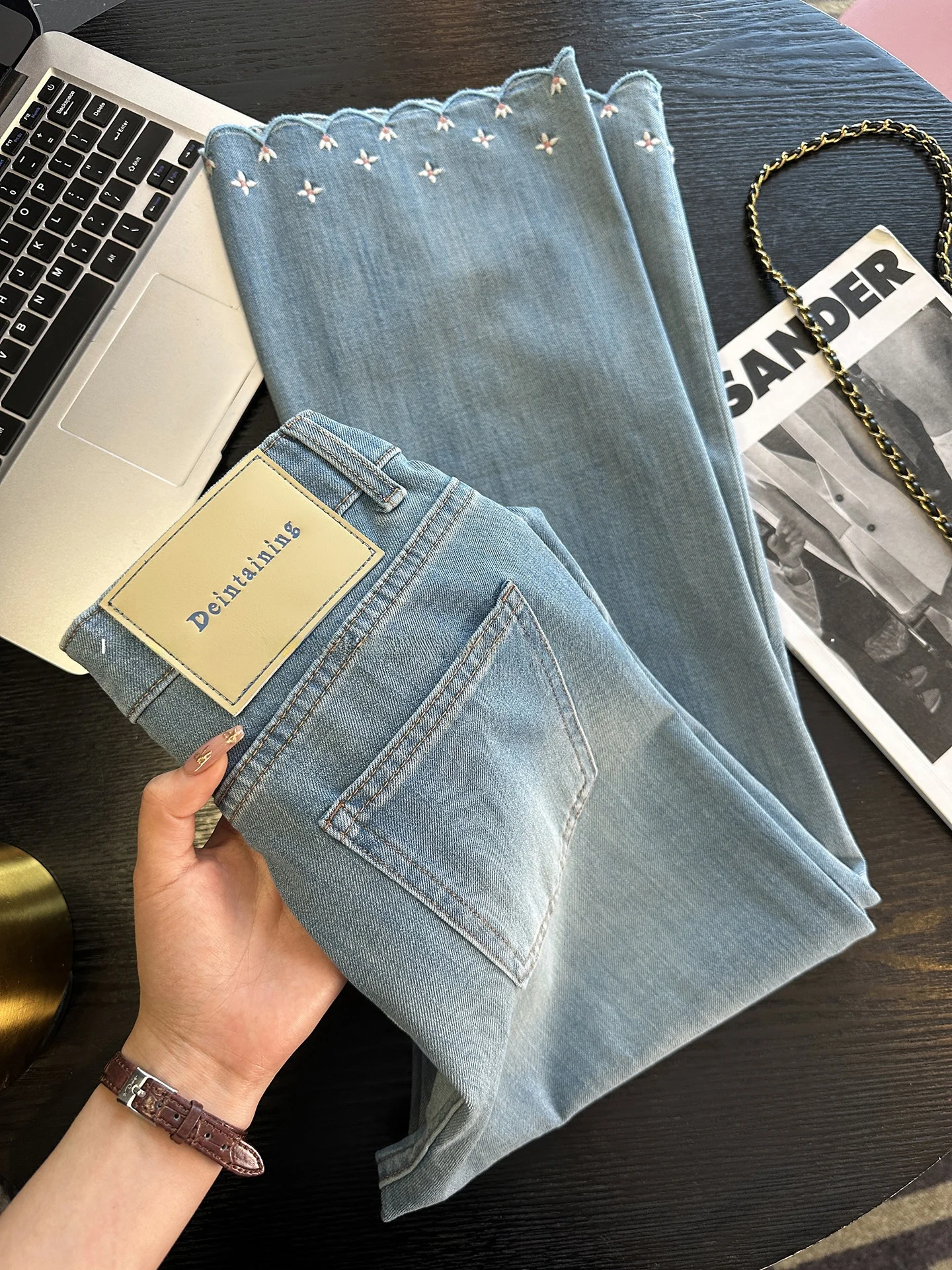 Summer Thin Cotton Bell Bottom Jeans Women's High Waist Micro Flared Denim Pants Wave Lace Embroidery Vintage Style