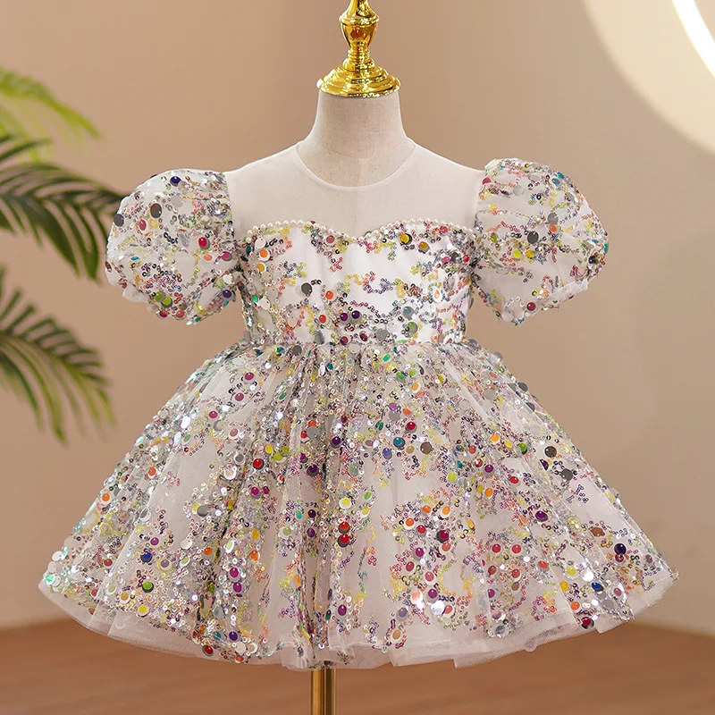 

2023 Wedding Elegant Luxury Dress for Kids Girls Cute Short Evening Gowns Pageant Party Sequin Formal Occasion Dresses Children