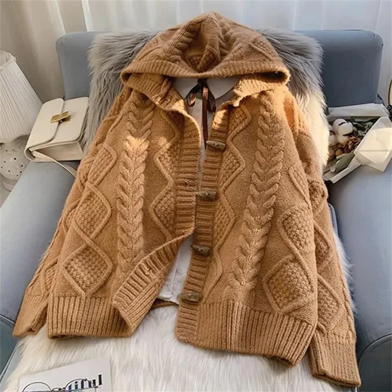 Cow Horn Button Hooded Fried Dough Twists Sweater Coat Autumn Winter New Women Thickened Loose Outer Wear Lazy Knitting Cardigan