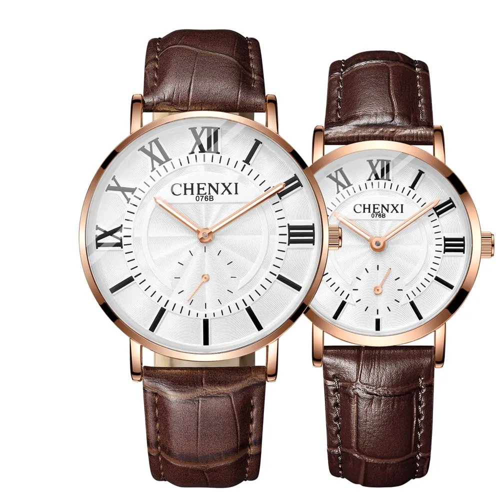 CHENXI Couple's Matching Watches Stylish Women's Quartz Watch with Round Dial  Leather Strap Men's Watch Set Gift for Couple