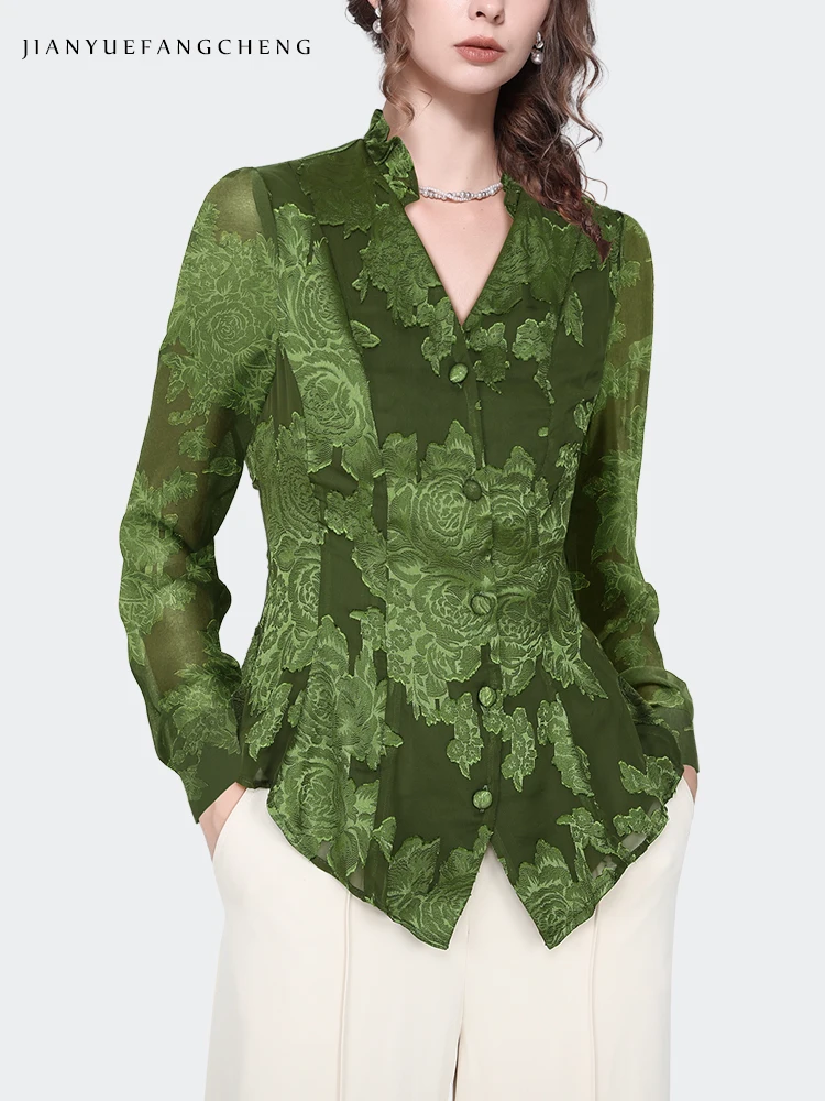 Fashion Embossed Floral Green Chiffon Blouse Women Summer Tops Short Sleeve Ruffled V-Neck Female Vintage Slim Shirts