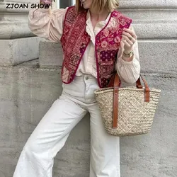 2023 Ethnic Women Chinese Red Flower Print Quilted Vest Sleeveless Coat V neck Covered Buttons Waistcoat Short Vintage Outerwear