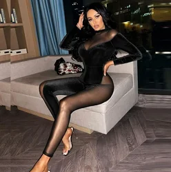 Sexy Solid Color Nightclub Fashion Trousers Crew Neck Black Long-sleeved Onesie Mesh Stitching Perspective Jumpsuit Spring And S