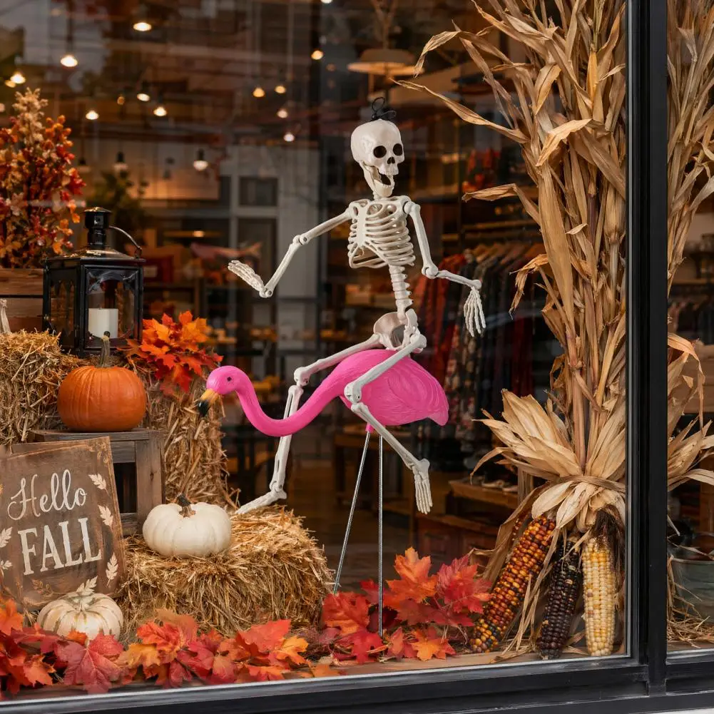 Skeleton Figurine Garden Skeleton Ornament Halloween Skeleton Flamingo Yard Stake Pink Bird Lawn Ornament Spooky Outdoor Garden