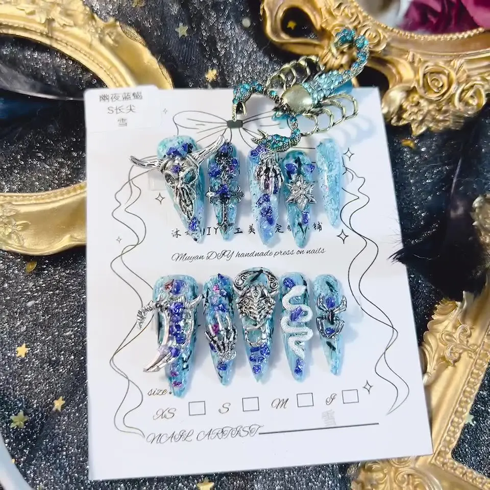 Gothic Style Press on Nails with Scorpion Elements Made of High quality ABS Plastic Alloy and Rhinestones Unique Design Exquisit