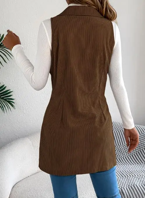 

Autumn and Winter 2025 Solid Color Double Breasted Pocket Corduroy Vest, Women's Lapel Slim Fit Commuting Sleeveless Vest Jacket