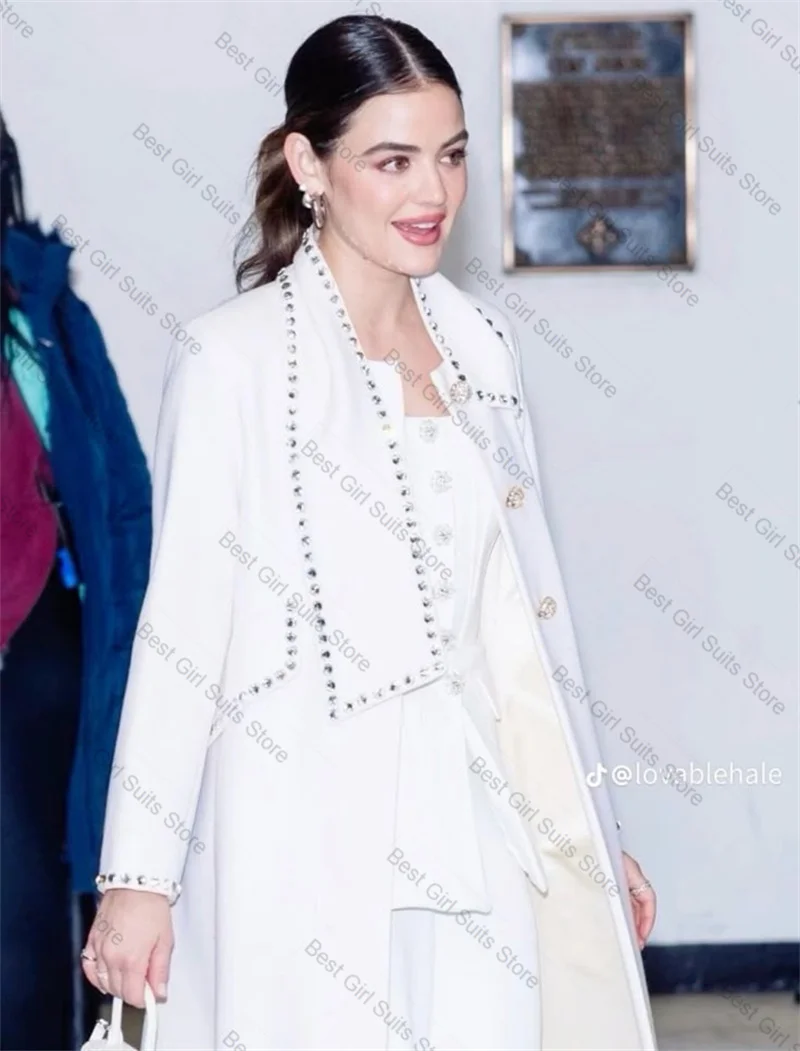 الصوف الأبيض الكشمير المرأة البدلة 1 قطعة السترة فستان حفلة موسيقية طويل بلورات مطرز مكتب رسمي سترة مخصصة معطف الزفاف الضيوف #2