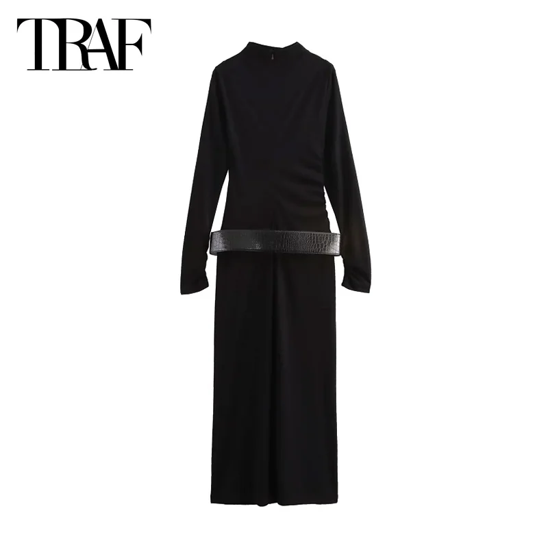 TRAF Black Slim Fit Long Dresses Women\'s 2024 Autumn Elegant Belt Pleated Dresses Ladies Fashion Casual Long Sleeve Dresses