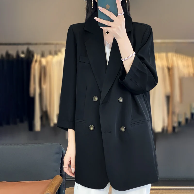 2024 Spring Summer New High Quality Suit Women\'s V-Neck Acetic Acid Silk Button Pocket Casual And Elegant Style Small Suit Coat