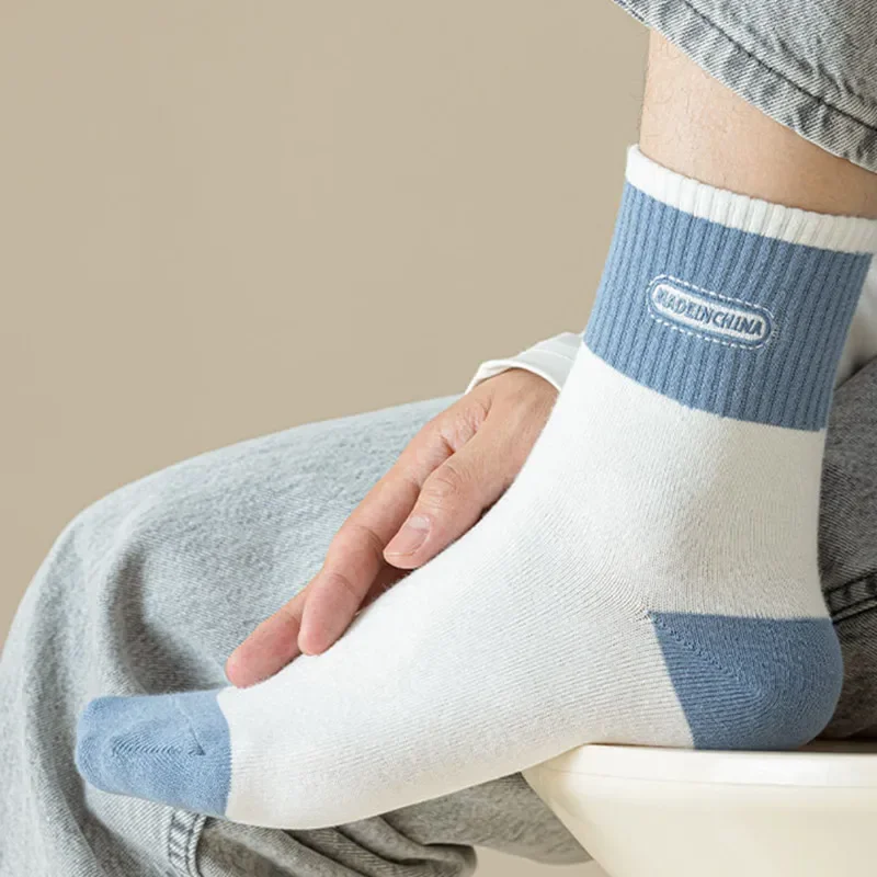 5 أزواج من الجوارب الرجالية المخططة المصنوعة من مزيج القطن الشتوي، جوارب قصيرة قابلة للتنفس للرجال