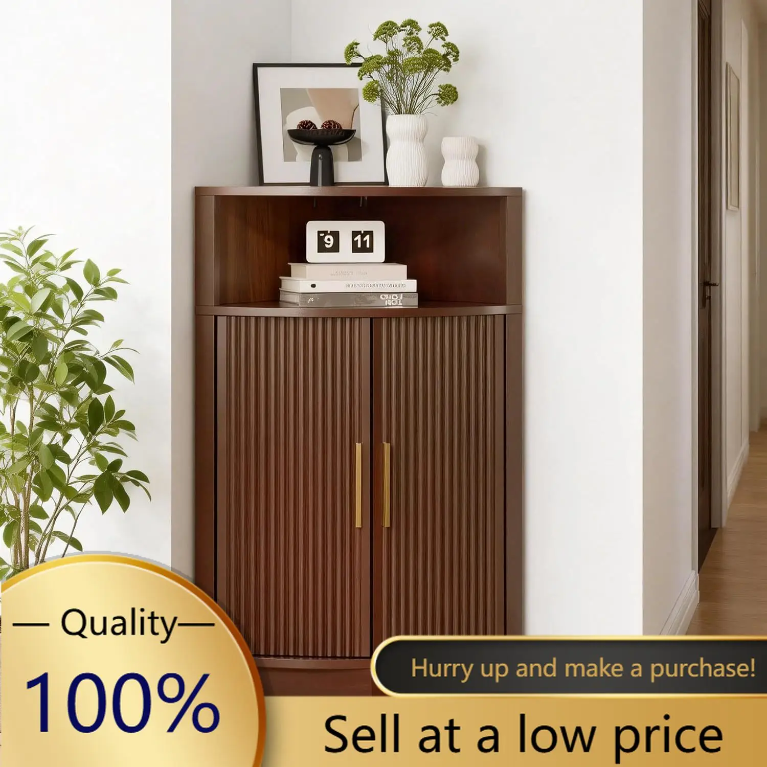 Small Corner Cabinet, Modern Corner Cabinet with Fluted Door and Open Shelf, Space Saver for Home Corner, Living Room, Kitchen,