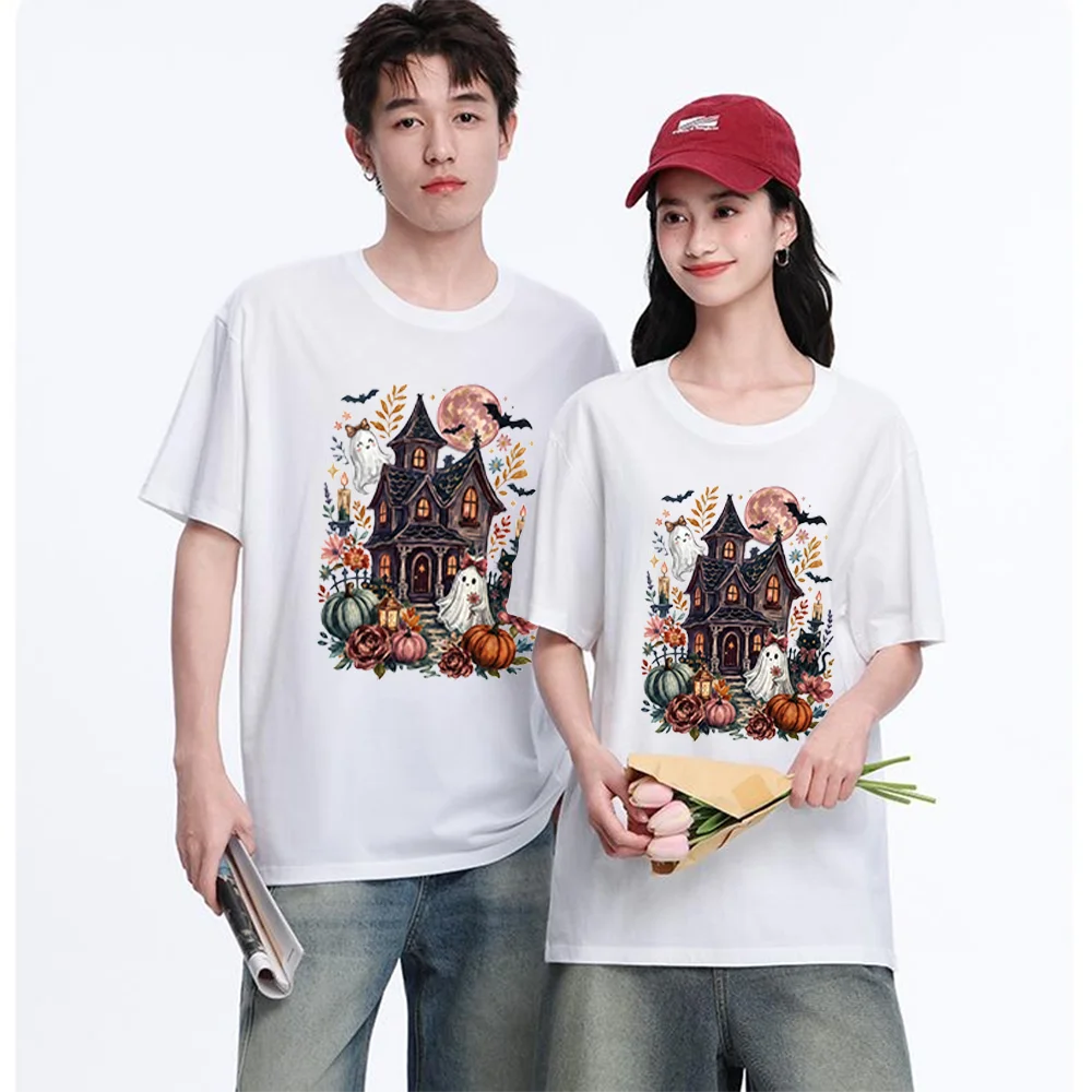Halloween Haunted House Ghost Pumpkin Printed T Shirt Cotton S-XXL Personalized Custom Casual Short Sleeve Tee Aesthetic Graphic