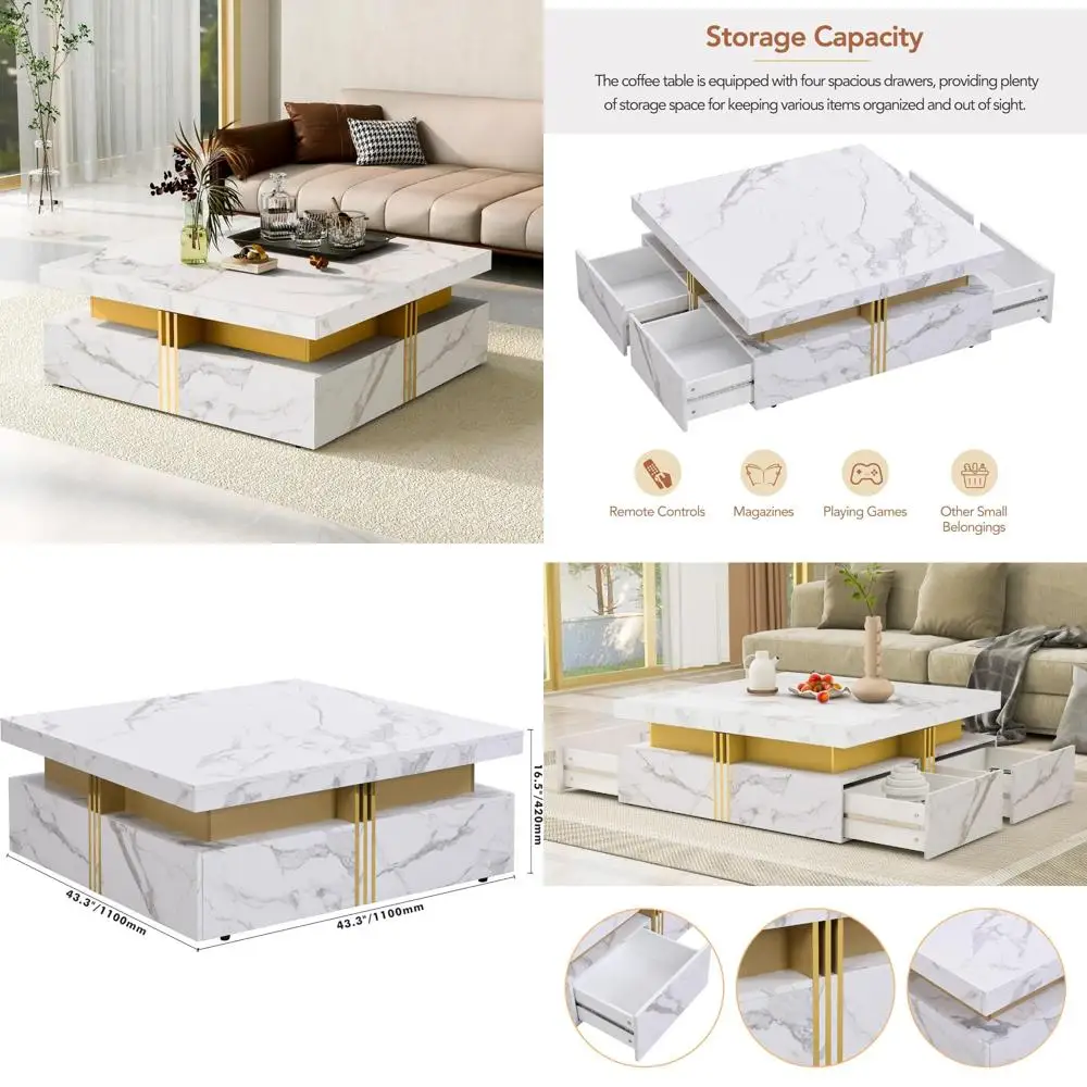 

Современный квадратный журнальный столик с 4 ящиками, роскошный центральный коктейльный столик с золотым акцентом