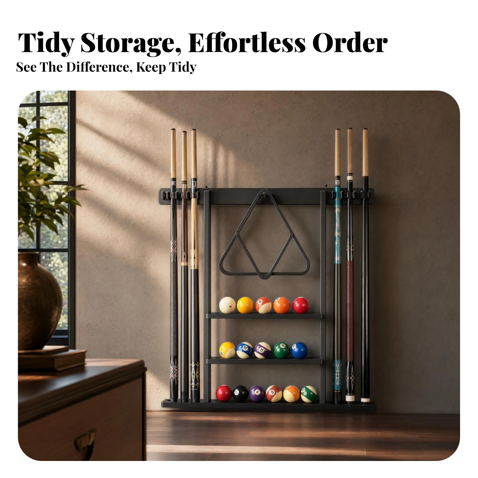 Wall Mounted Pool Stick Holder with Cue Slots Painted Wood Pool and Ball Rack for Indoor Billiard Spaces