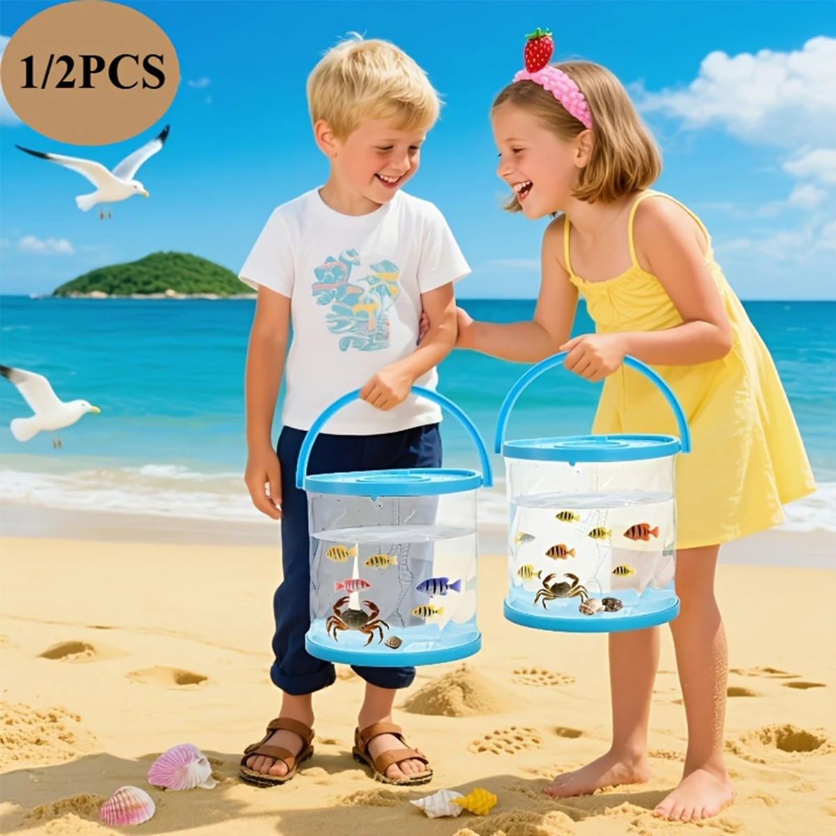 Kids Portable Transparent Observation Bucket Ventilated Lid Handheld Crab Fish Catch Bucket for Beach Outdoor Playing