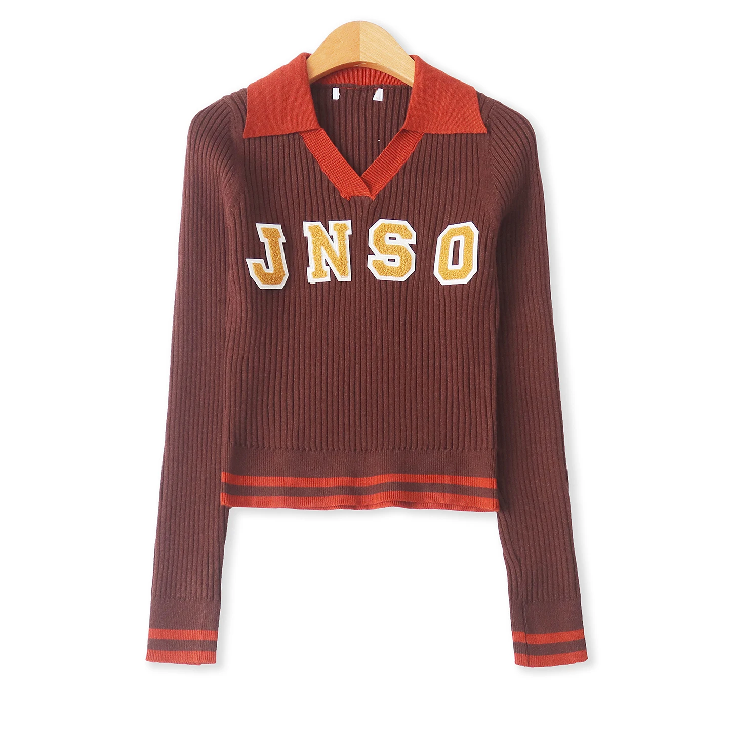 Suéter de Punto de Manga Larga Ajustado con Logotipo Bordado de Letras, Estilo Americano, Cuello Csero, Alta Elasticidad, ...