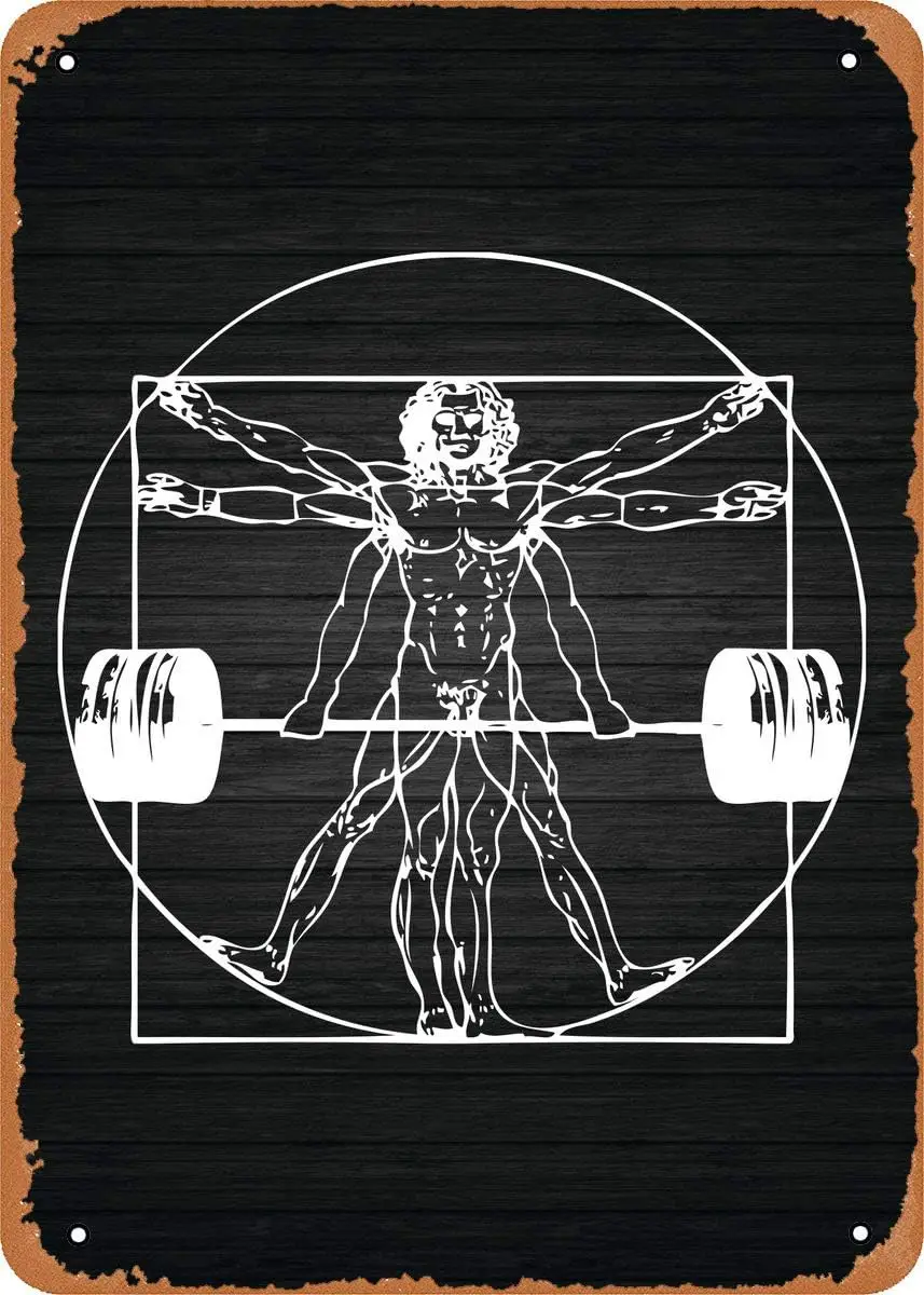 Vintage Look Metal Sign - Gym Motivation Vitruvian Barbell Man - 8