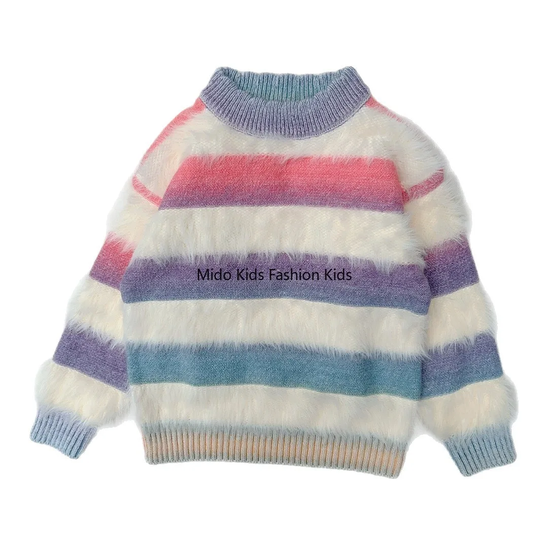 Girls' Knitted Sweater Style Rainbow Stripe Faux Mink Fleece Children's Knitwear Stylish Warm Mid-Large Sizes School Sweater