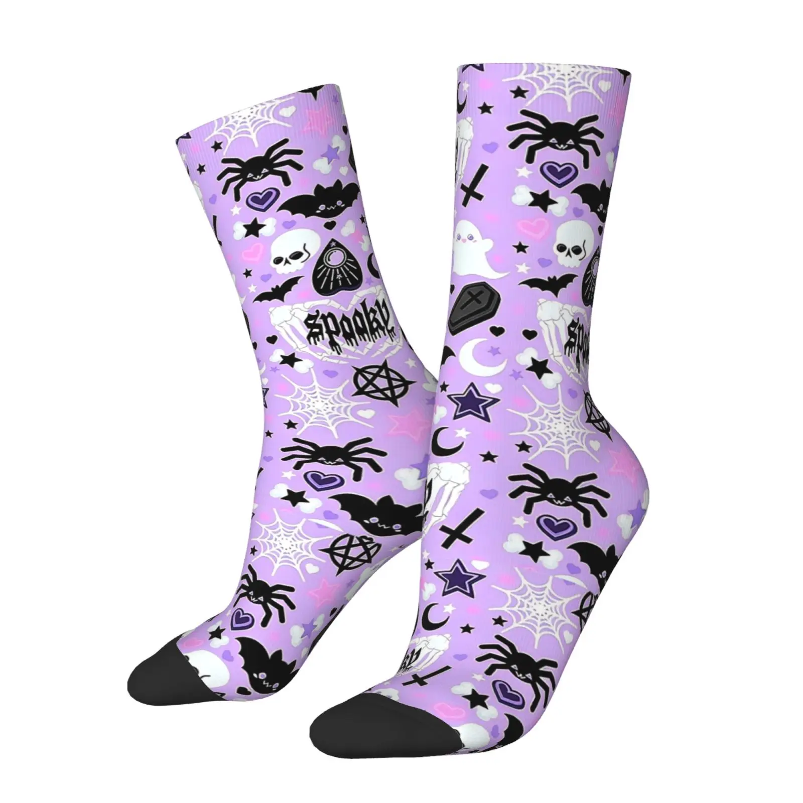 Pastel Purple Halloween Ghost Bat Print Calf Socks One Size Unisex Soft Breathable Mid Calf Crew Socks