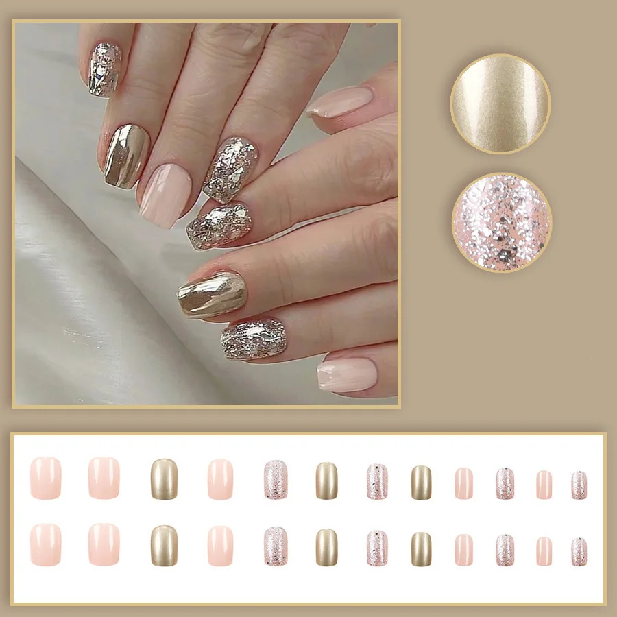 24pcs/set Short square fake nails for women girls Sparkling glitters with nude brown golden glossy nail tips press on false nail image 2