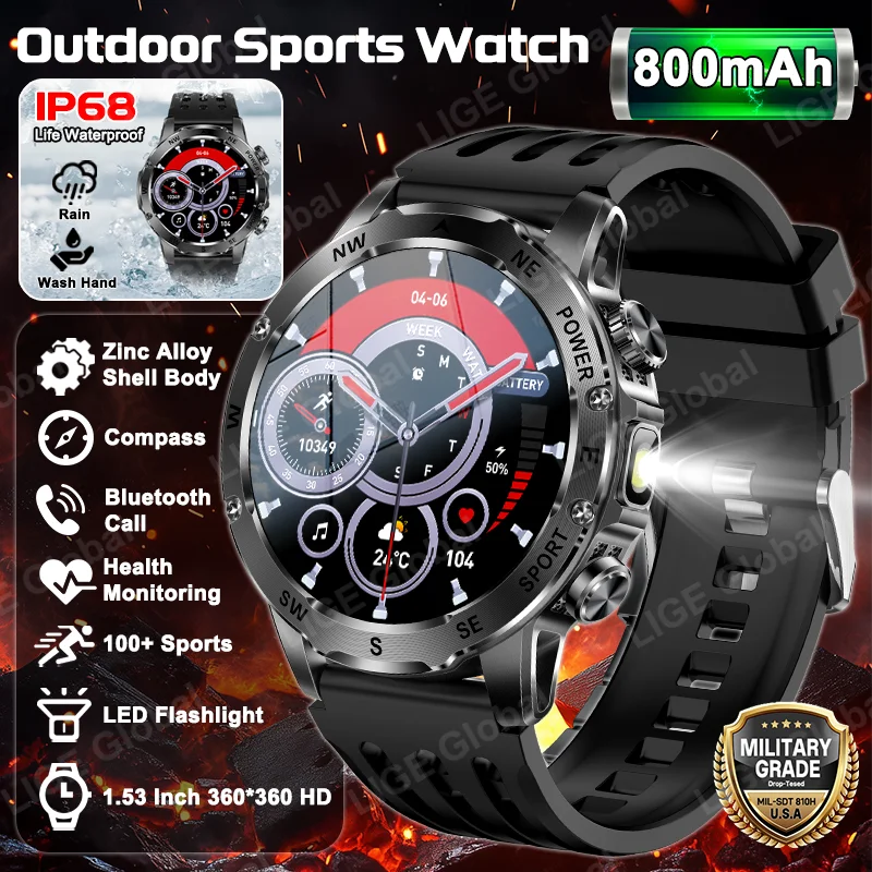 

LIGE New 800mAh Battery Military Smart Watch Men Outdoor IP68 Waterproof Compass Flashlight Bluetooth Call 100+ Sport Smartwatch