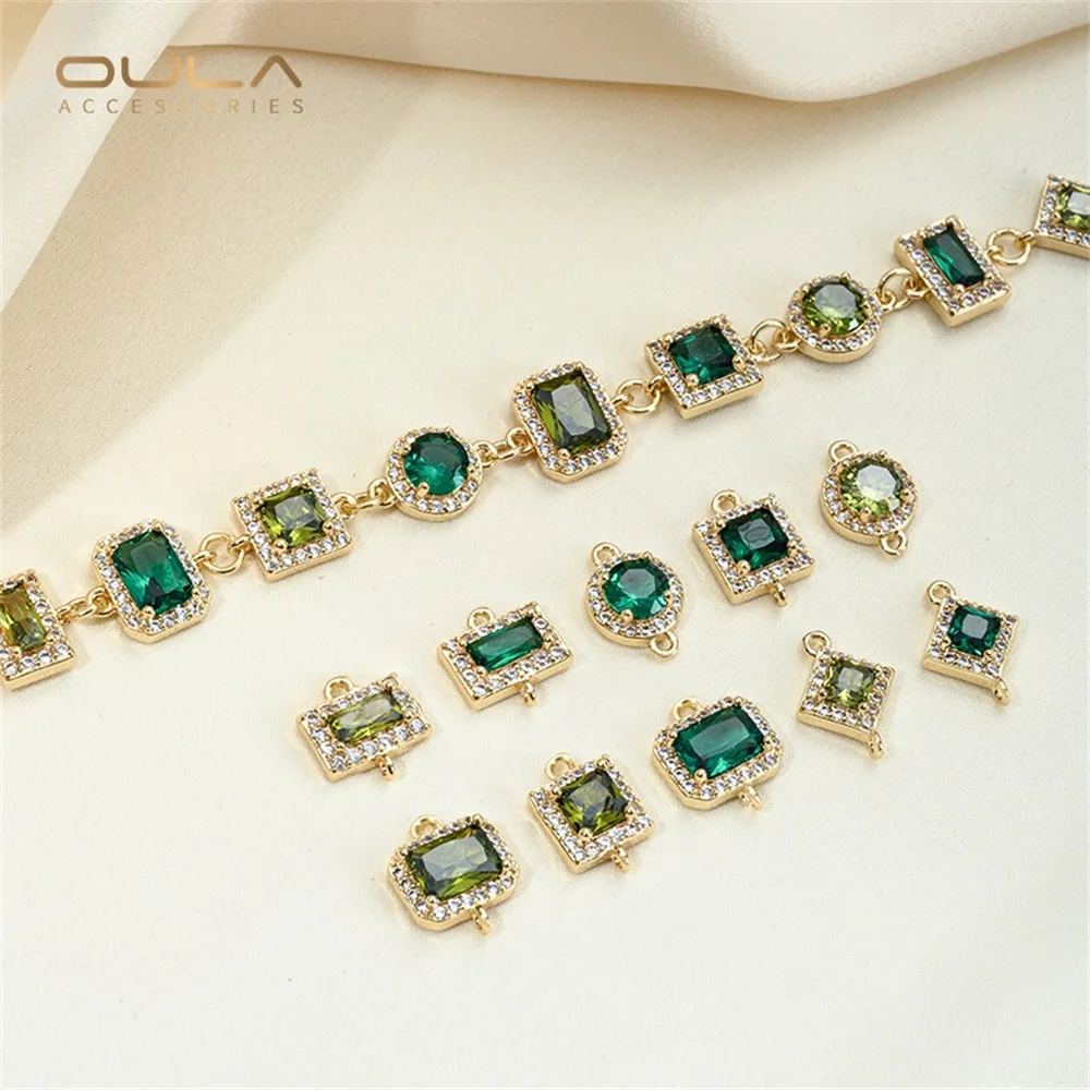 

14K Gold-plated Micro-inlaid Zircon, Emerald, Olive Green Geometric Double Pendant DIY Handcrafted Jewelry Accessory Material