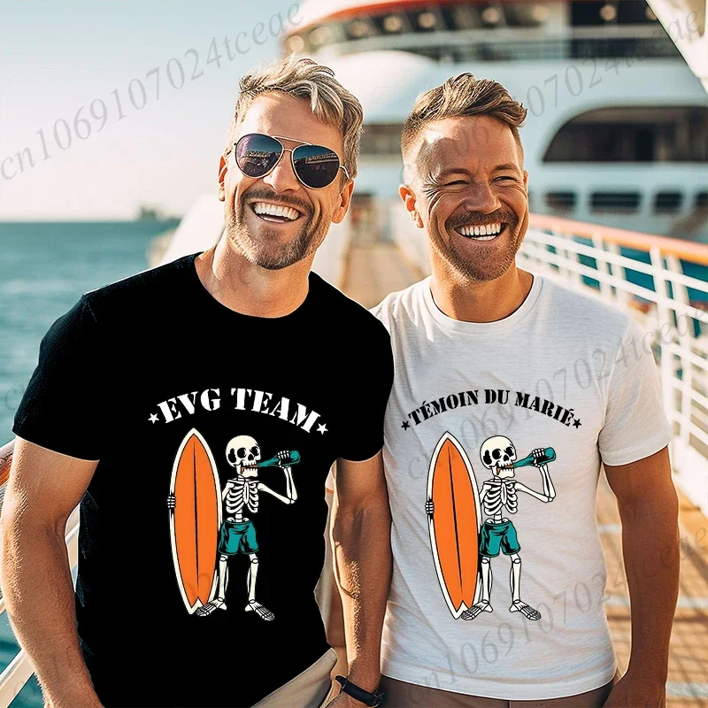 أزياء الزفاف Evg فريق المستقبل العريس فرقة قميص الهيكل العظمي الجرافيك تيز للرجل الفرنسي واحد وداع البكالوريوس حزب تي شيرت