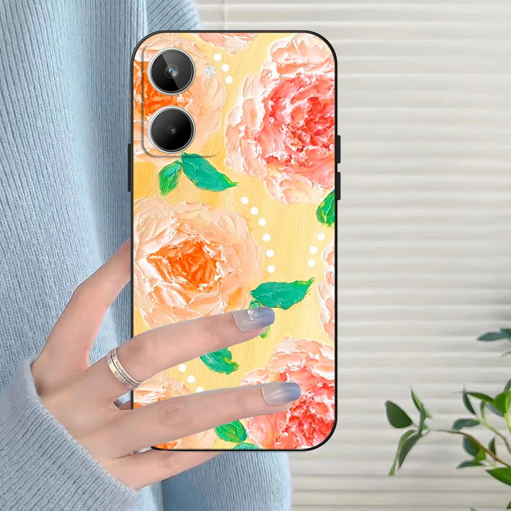 Black Tpu Case For Realme 2 3 3i 5i 5s 6s 7i 6 7 8 8i pro 4g 5g cover romantic lovely flower