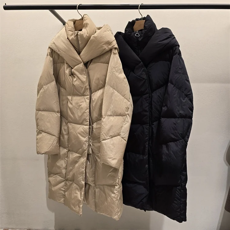 超保温グースダウンパーカーコート通勤スタイルフード付きパファージャケット厚手長袖ミドル丈無地QPPブランド