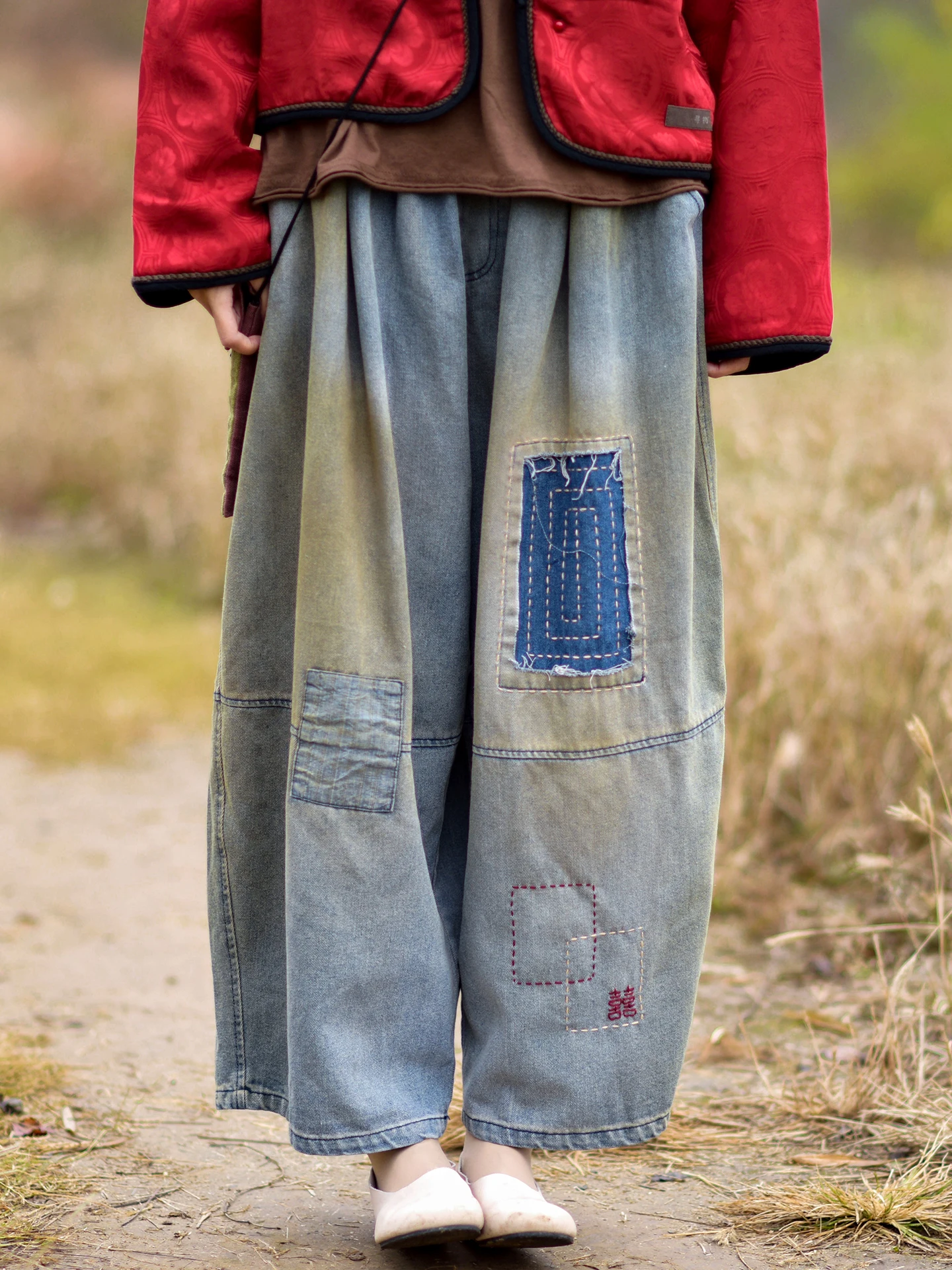 

Retro Cotton Linen Women's Loose Fit Jeans High Waist Soft Fabric Casual Sle Patchwork Pants Autumn Winter New Arrival