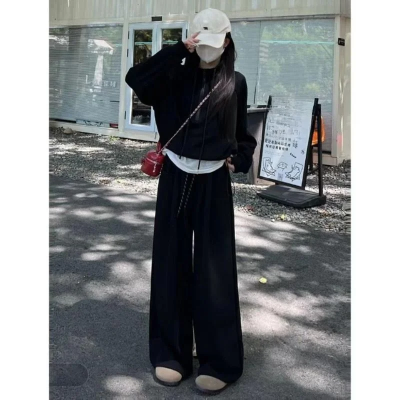 Amerikaanse Lazy Sle Casual Set Dames Losse Sweatshirt Jas Hoge Taille Wijde Pijpen Sportbroek Tweedelig Set