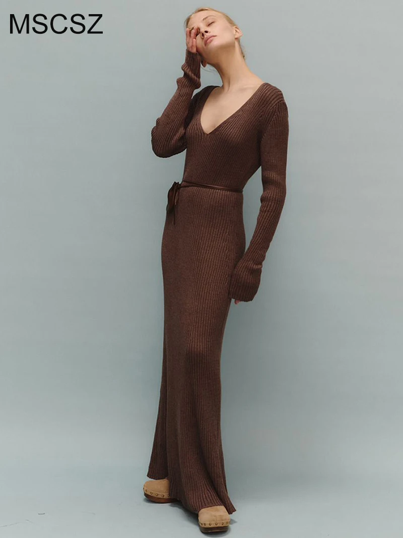 

MSCSZ Ribbed Knit Long Dresses For Women V-Neck Long Sleeve Maxi Dress Autumn Winter Sweater Dress Elegant