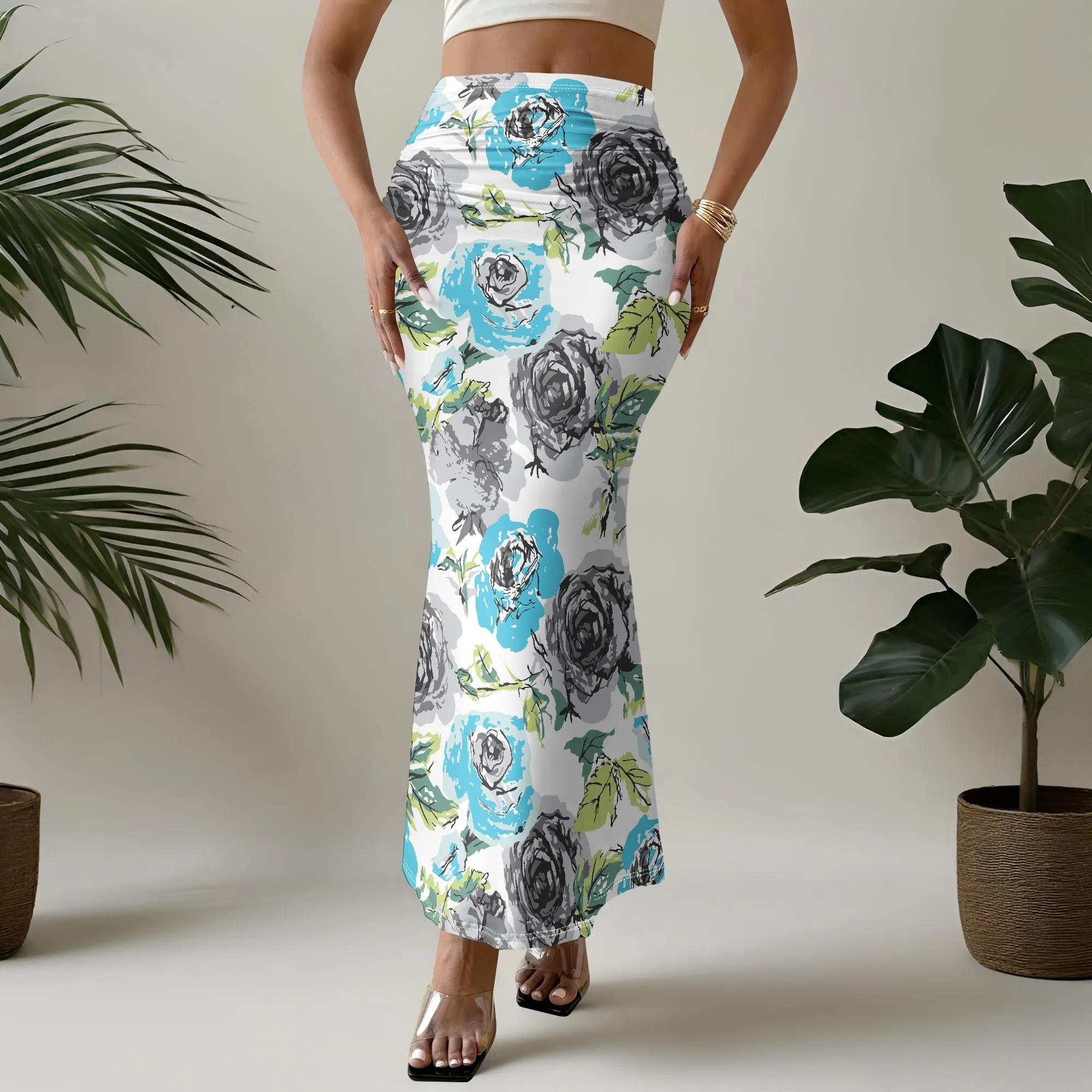 Floral Mermaid Skirt, Blue Rose Print Midi Skirt, Ruffle Hem Long Skirt, Summer Beach Wear, S-2XL