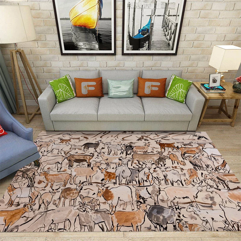 Playful Herd of Goats Abstract Painting Carpet Mid Century Modern Original Art Rug Rural Houses and Countryside Style Floor Mat